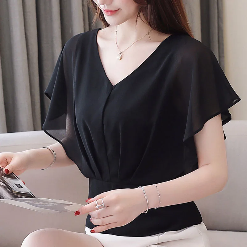  Korean fashion clothing 2019 ladies tops white shirt blouse Short Ruffles Polka Dot V-Neck shirts c