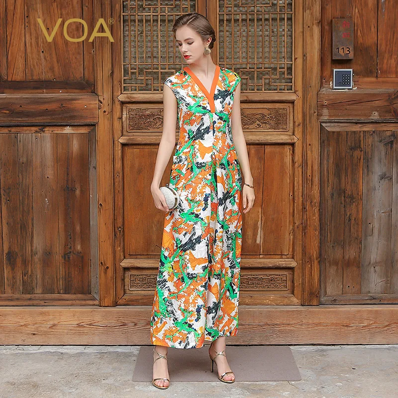 Us 1832 20 Offvoa Plus Size Silk Print Orange Beach Jumpsuits Sleeveless Sexy V Neck Slim Casual Boho Women Wide Leg Jumpsuit Spring K6968 In
