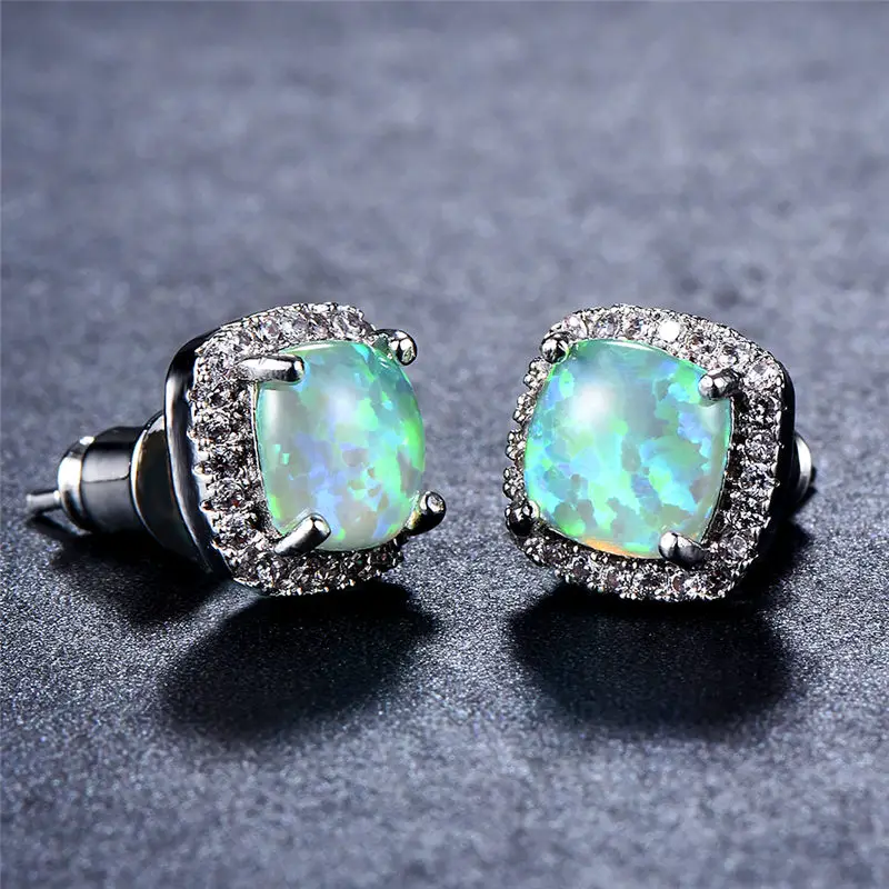 

Boho Female Girls Green Opal Stone Earrings Fashion 925 Sterling Silver Filled Jewelry Vintage Double Stud Earrings