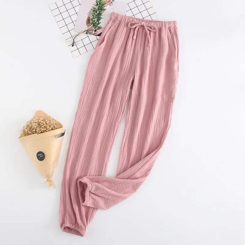 Новые пары хлопковых марлевых креповых пижам, женские весенние и летние Пижамные штаны, одежда, дышащие свободные штаны для сна, домашняя одежда - Цвет: Female Light pink
