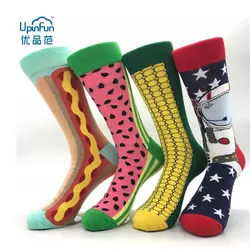4 пар/лот Для мужчин модные уличные носки в британском стиле красочные арбуз Кукуруза мультфильм Экипаж смешные мужские хлопковые носки