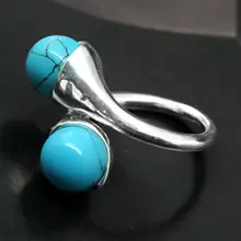 Venta al por mayor azul turquesa bolas GEMS anillo de plata 925 tamaño 7 8 9 10
