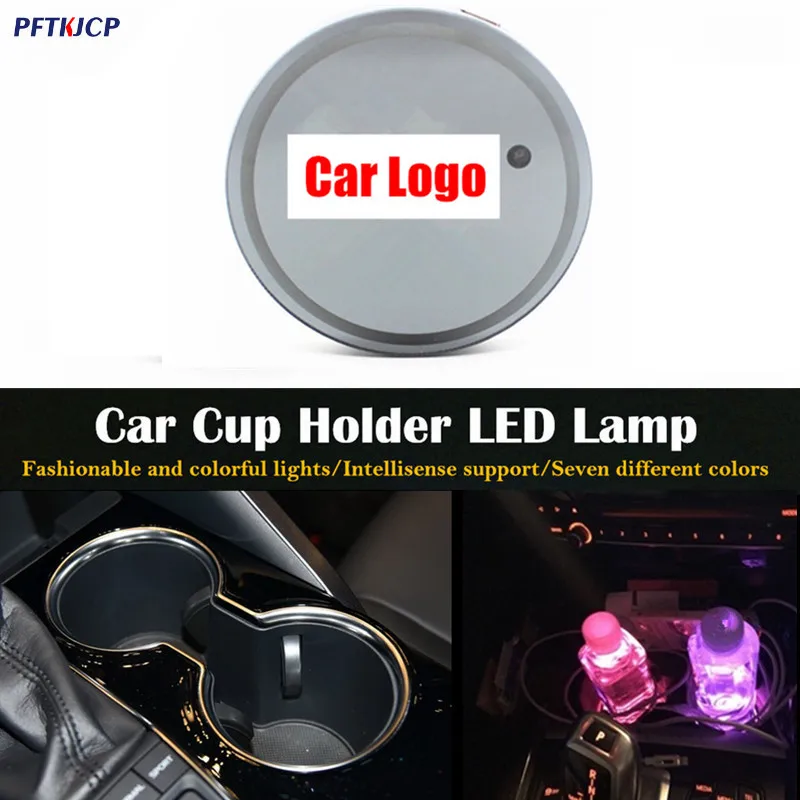 

2PCS Car LED Light Lamp Cup Holder Mat Pad Bottle Drinks for Volvo VW Nissan ford kia LEXUS logo coaster car styling