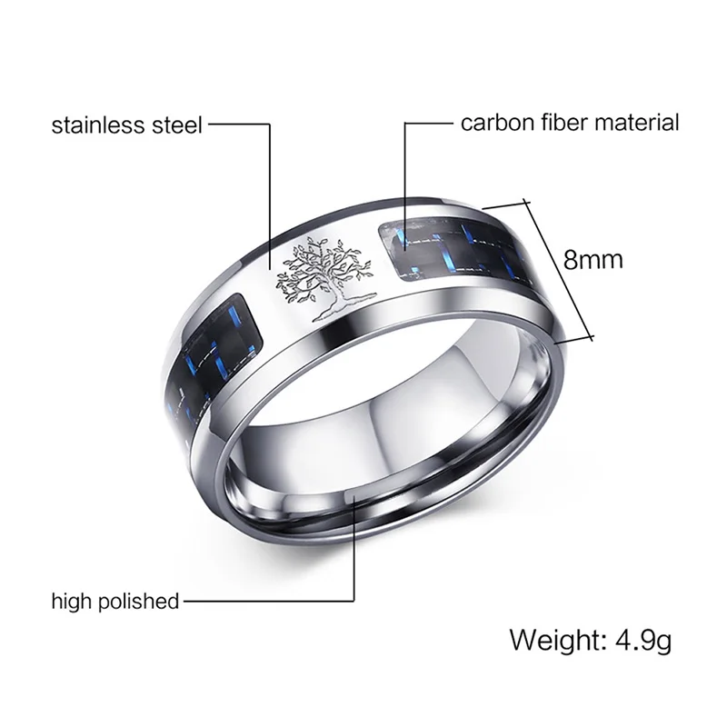 Vnox 8mm Carbon Fiber Ring For Man Engraved Tree Of Life Stainless Steel Male Alliance Casual Customize Jewelry Personalize Band