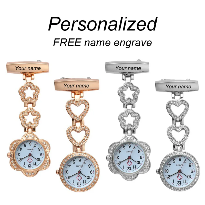 

Personalized Customized Engraved with Your Name Doctor Clock Pin Brooch Zircon Crystal Strass Rose Gold Heart Fob Nurse Watch