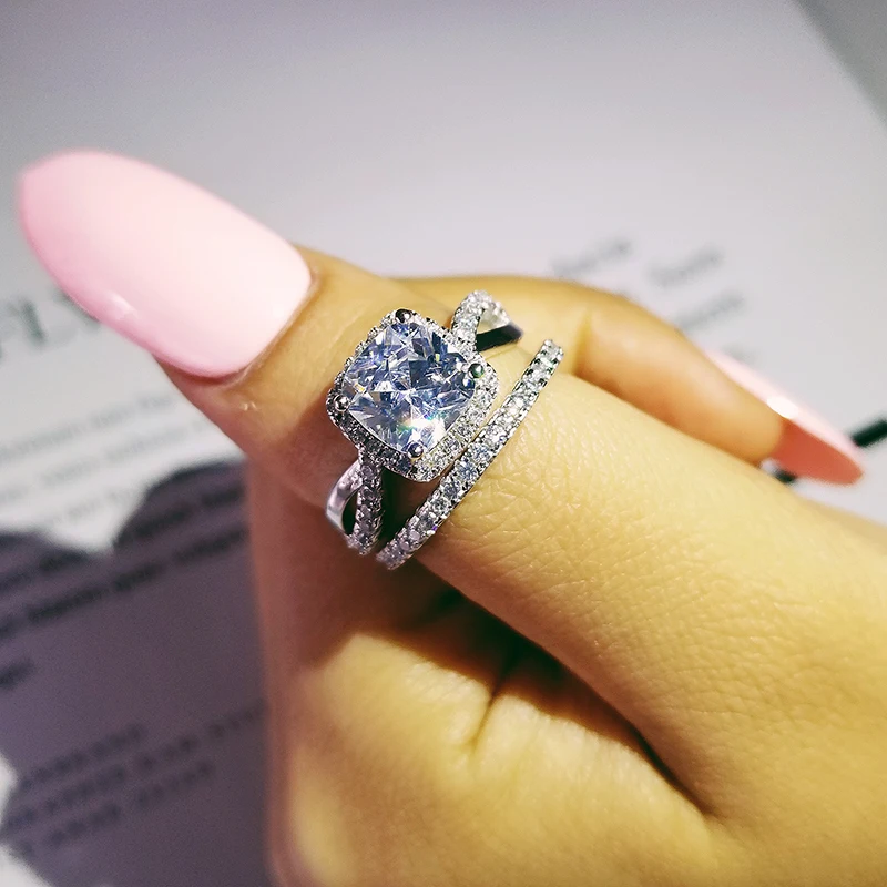 

Moonso new Fashion cushion cut wedding ring set for women bride engagement Jewelry Bands eternity gift R4832