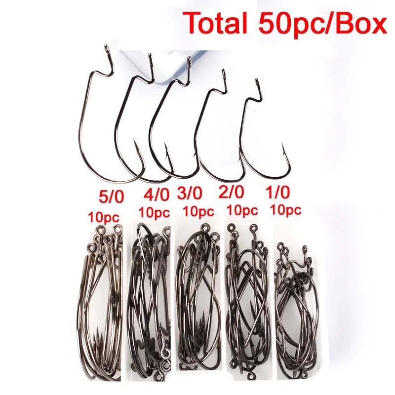 

50pcs Worm Hook Jig Big Fishing Hook Black Fishhook Size 1/0-5/0 pesca anzol Barbed Hooks peche with Plastic Box