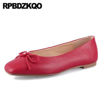 

red nude ballet designer bow real leather ballerina square toe women flats shoes with little cute bowtie high quality genuine