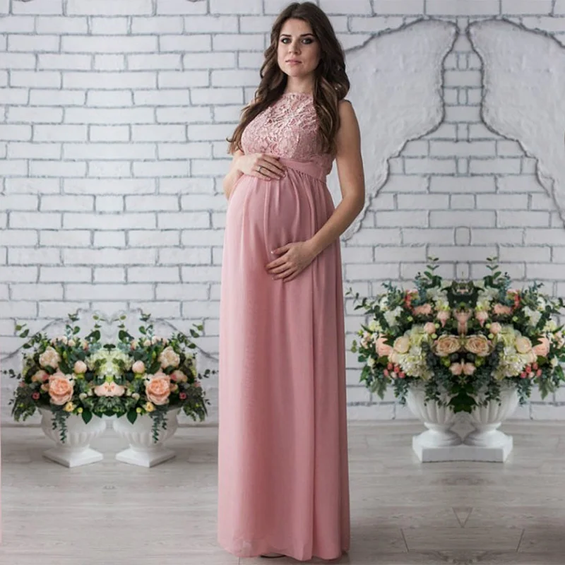 Платья для беременных, платья для беременных, реквизит для фотосессии, женское длинное макси платье, сексуальное кружевное платье с круглым вырезом для беременных - Цвет: Pink AX369