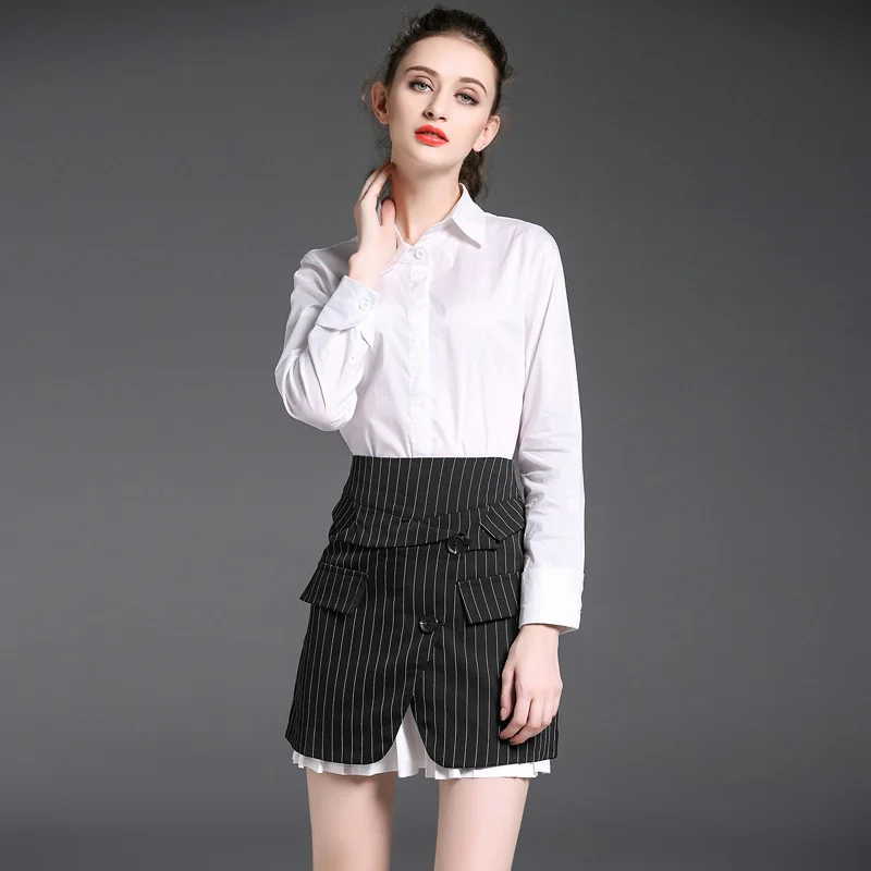 Us 3657 22 Offbaru Wanita Kemeja Lipit Kemeja Putih Rok Hitam Stripe Tidak Teratur Rok Setelan Eropean Mode Desain Kantor Wanita Pakaian