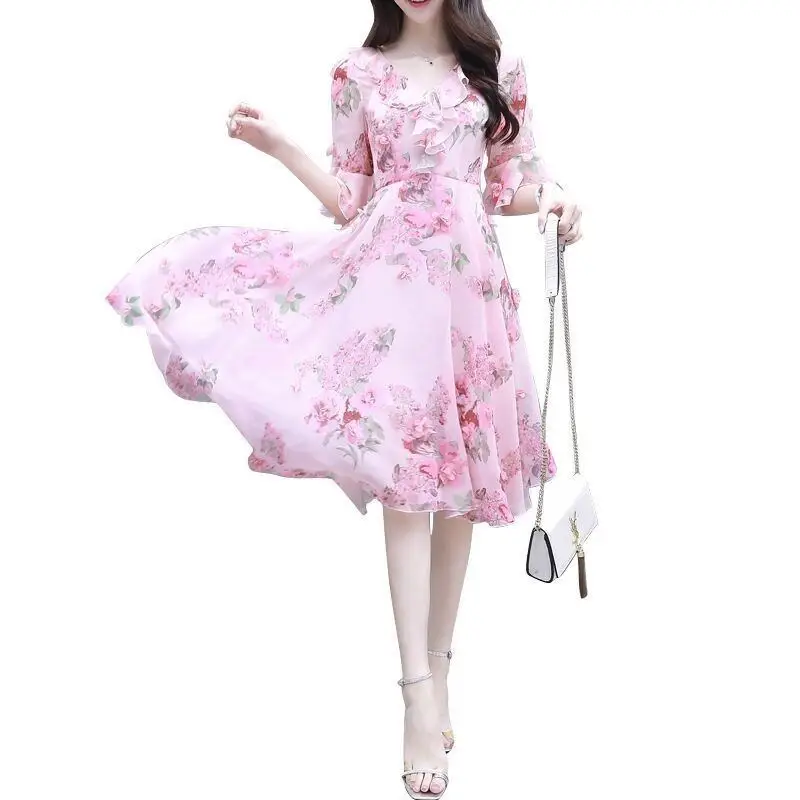 

2019 Summer Fashion Women Butterfly Sleeve Floral Printed Chiffon Party Dresses Female Temperament Appliques Casual Vestidos Z65