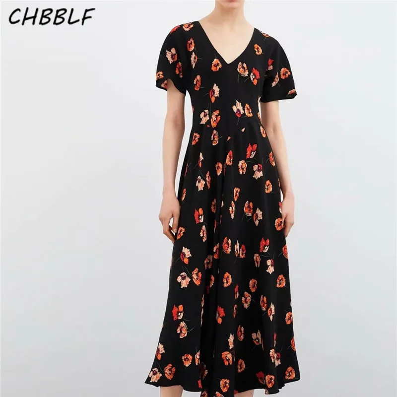 

CHBBLF women floral pattern maxi dress V neck short sleeve pleated female sweet fashion long dresses vestidos O9019