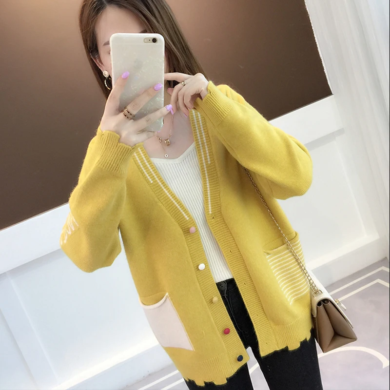 Best  2019 autumn new Korean short paragraph Jacket Female Loose Knitwear Cardigan Coat Long sleeved Fash