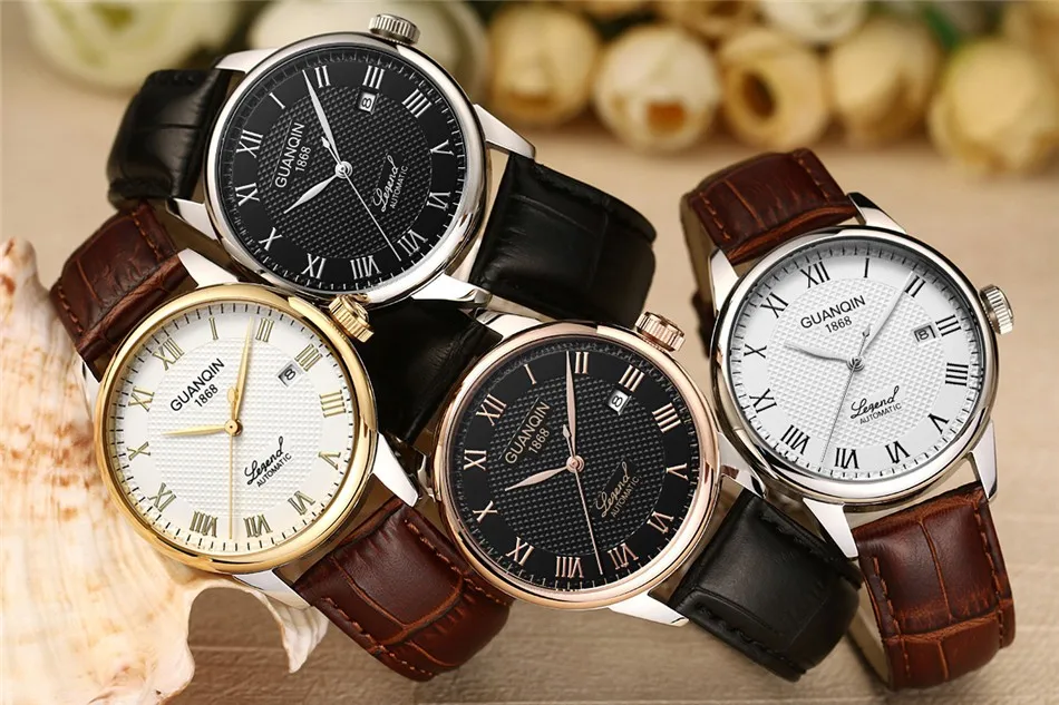 GUANQIN Mens watch Luxury Automatic Watch Men Mechanical Movement Wristwatches Waterproof Watches Top Brand White Day Display