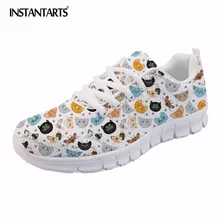 Instantarts Модные женские сетчатые балетки с милым рисунком Кота Печать шнуровка Спортивная обувь для Обувь для девочек Повседневное дышащая прогулочная Туфли без каблуков