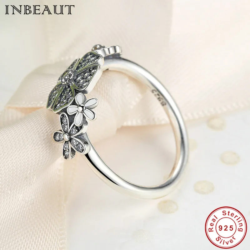 INBEAUT Twinkling 925 Silver Bouquet Enamel Ring Cherry Blossom Mosaic Zirconium Daisy Personalized Wedding Rings Women Jewelry