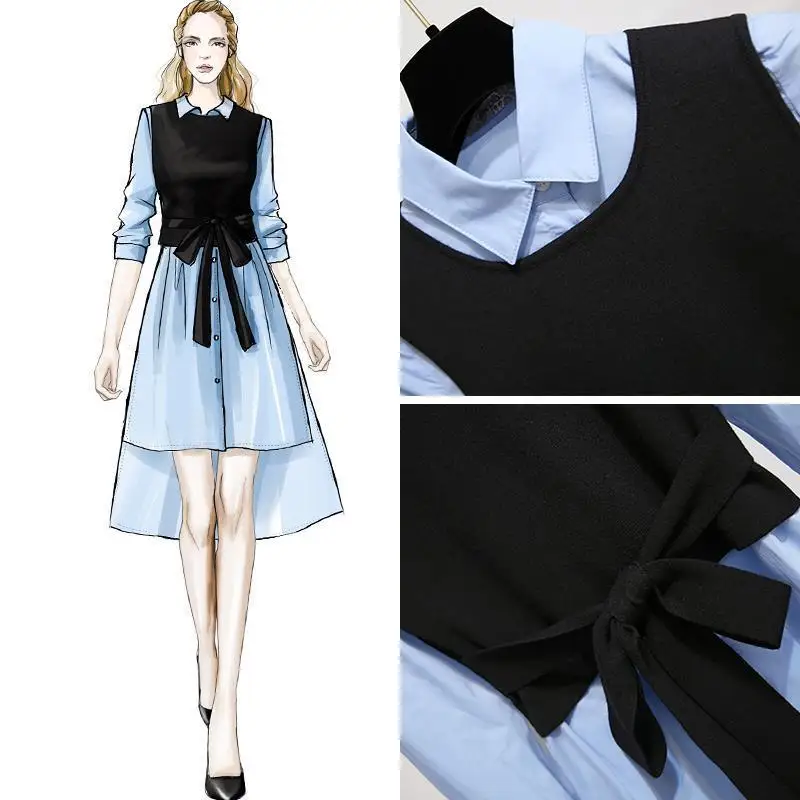 

Spring Autumn Elegant 2 Piece Set Women Ruffles Knit Vest +Single Breasted Irregular Shirt Dress Suit Bow Pleated Dress Set J149