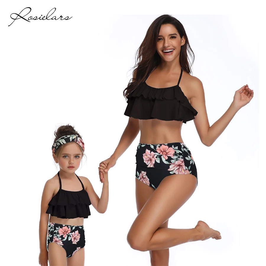 Günstige 2019 ROSIELARS Familie Passenden Badeanzug Frauen und Mädchen Rüschen Floral Zwei Stück Bademode Bikini Hohe Taille Bademode