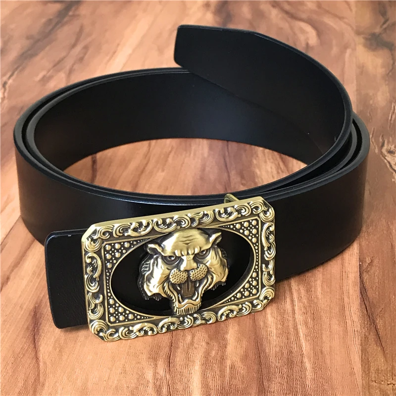 Luxury Tiger Head Brass Belt Buckles For Men Genuine Leather Vintage