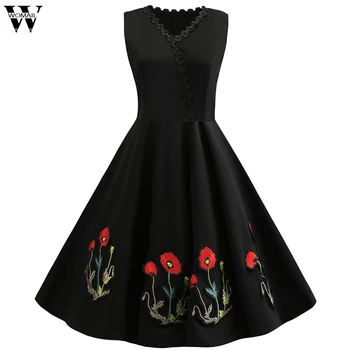 

Womail dress Summer Vintage Embroidery Sleeveless V-Neck Dress Evening Party Elegant Dress with Belt New 2020 M9