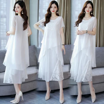 

New 2019 Summer Women Chiffion Suits Sets Lady Lace Patchwork Blouse Tops Two Pieces With Wide Leg Pants
