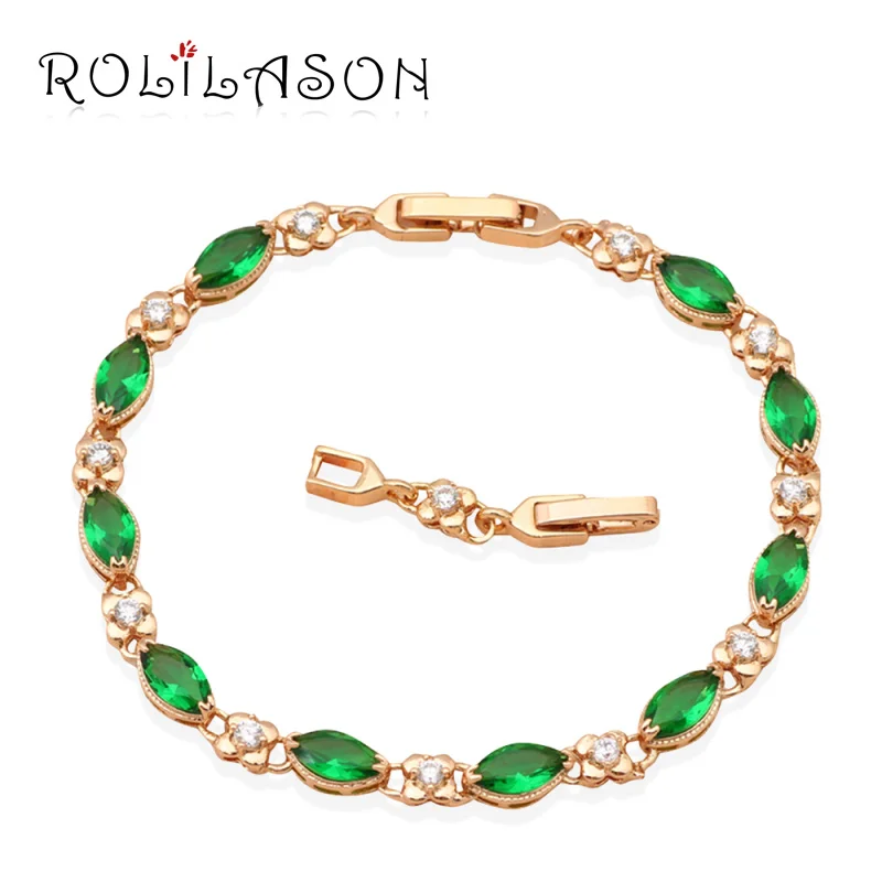 ROLILASON Green Crystal font b b font AAA Cubic zirconia yellow Gold Plated font b Bracelets