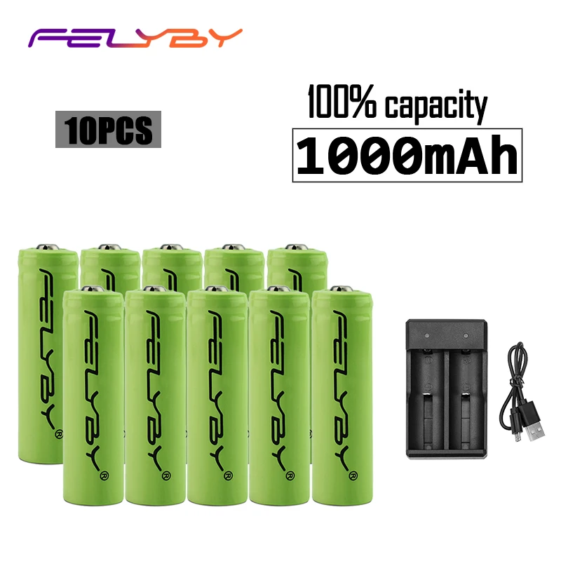 FELYBY 10 шт 14500 литий-ионная аккумуляторная батарея AA 1000 mAh включает зарядное
