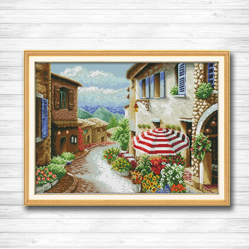 A street view scenic Europe painting dmc 14CT11CT counted cross stitch