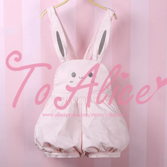 

Super Cute Girls Pink Rabbit Bunny Ears Overall Shorts Lolita Dungarees Shartall Rompers Adjustable Length