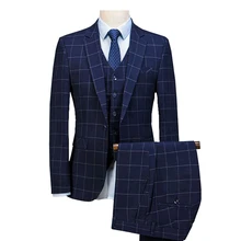 Королевский синий 3 шт Мужские костюмы в клетку, приталенные свадебные костюмы, смокинги для жениха из твида, шерстяные смокинги для свадьбы(пиджак+ брюки+ жилет