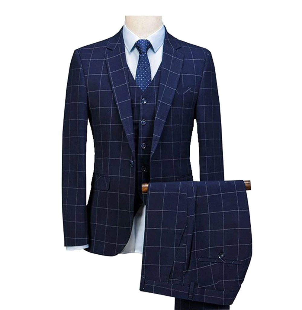 

2019 Royal Blue 3 Pieces Mens Suits Plaid Slim Fit Wedding Suits Groom Tweed Wool Tuxedos for Wedding (Jacket+Pants+Vest)