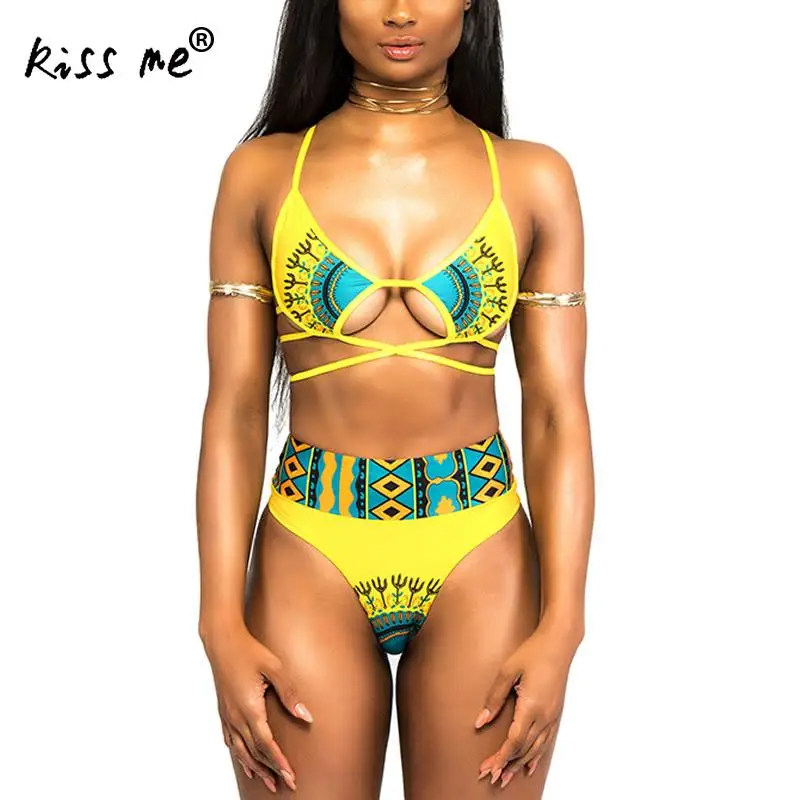 

2017 New African Two-Pieces Bath Suits Bikini Set Sexy Geometric Padded Swimwear Swimsuit Yellow Hollow High Waist Swimming Suit
