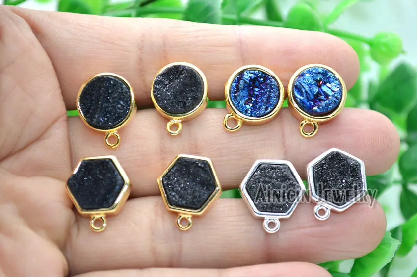 1 пара темно синий Монета Форма Натуральный Druzy Кристалл Круглые шпильки
