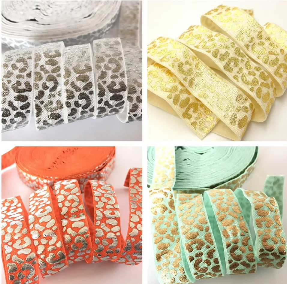 

5 Yards 5/8 inch Leopard Printed FOE Gold Metallic Silver Fold Over Elastic - Elastic for Baby Headbands and Hair Ties