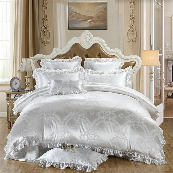 Luxury White 4Pc Lace Sateen Silky European Style Jacquard Flora Queen