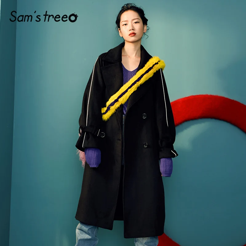 

Samstree Black Solid Minimalist Style Wide Waisted Wool Coat Women 2019 Winter Double Breasted Pure Female Long Outwears