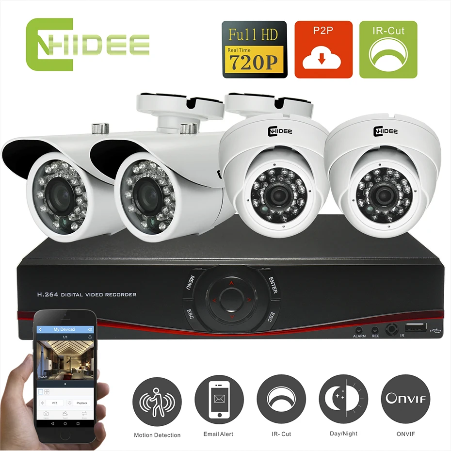 Cnhidee 720P HDMI 4CH NVR KIT real 1.0MP POE IP Camera Night Vision Waterproof IR P2P Onvif CCTV 4pcs Surveillance cctv camera -