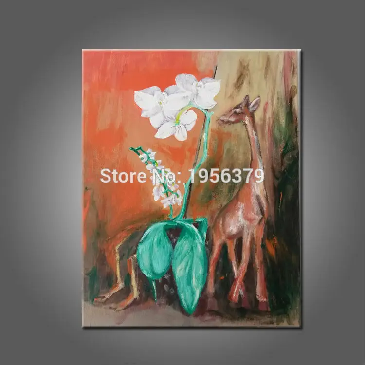 

Top Skill Hand Painted Depths Forest Wood Unique Personality White Flower and Animal Deer Art Oil Painting for Living Room