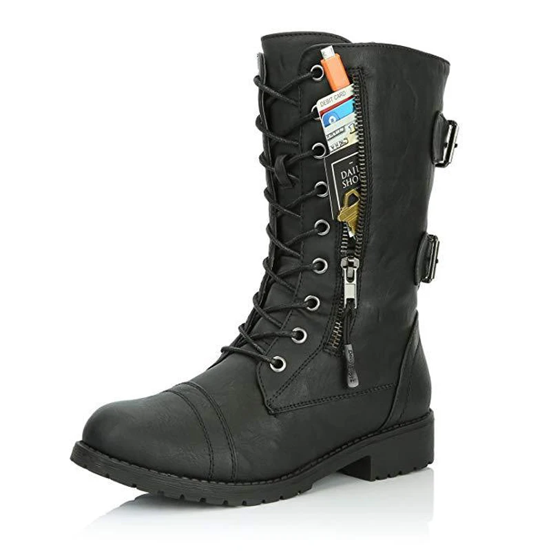 Женские ботинки; военные ботинки на молнии с пряжкой; ботинки с карманом для кредитных карт; черные ботинки на шнуровке; ботинки в байкерском стиле; большие размеры; графара - Цвет: Черный
