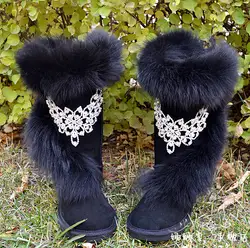 Ручной шить-на горный хрусталь лисий мех из натуральной кожи снега сапоги хлопка мягкой обуви женские