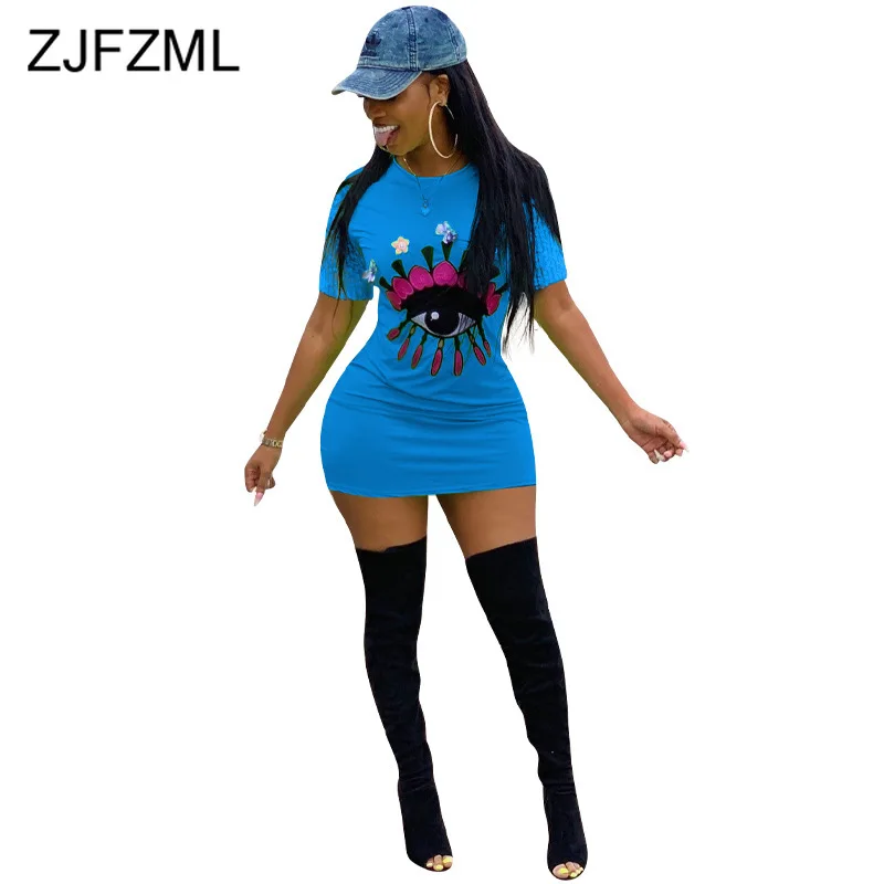 

Eyes Embroidery Sexy T Shirt Dress Women Sequins Patchwork Short Sleeve Plus Size Dress Summer O Neck High Waist Bodycon Dress