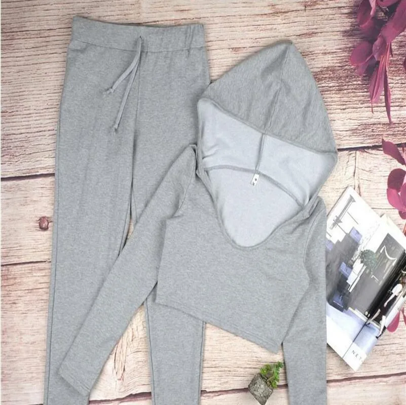 

2018 Women New Fashion Summer 2Pcs Solid Cloth Long-Sleeve O-Neck Short Tops + long Drawstring Pants Hot