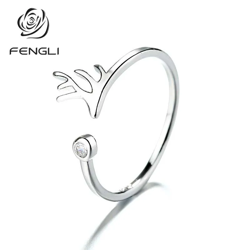 

FENGLI 925 Silver Summer Cute Deer Antlers Open Ring for Women Charm Girl Accessories Birthday Christmas Gift Jewelry