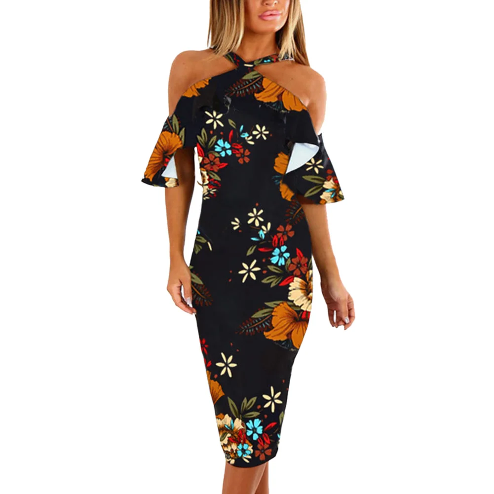 Для женщин платье с цветочным рисунком платье с открытыми плечами Bodycon обтягивающая платье Коктейльные Вечерние GDD99 - Цвет: Black