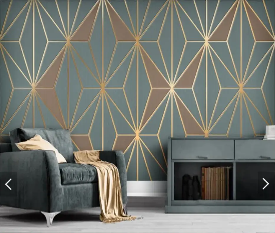 Papel Tapiz Geometrico Abstracto Azul Para Pared Linea Dorada