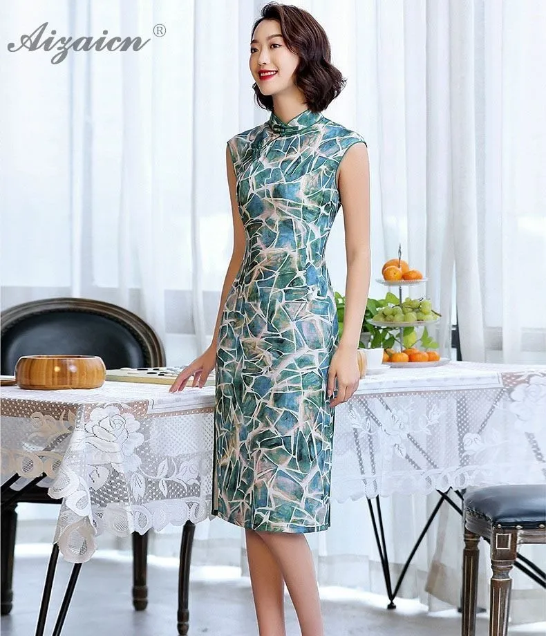 Тенсел рами Для женщин китайский традиционное платье Qipao хлопок льняной с принтом чонсам, Восточный стиль Стиль платья халат Chinoies Длинные