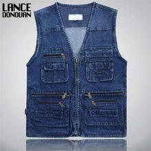 Джинсовые синие мужские жилеты, большие размеры XL-3XL 4XL 5XL, 95% хлопок, мульти карманы, без рукавов, джинсовая куртка для мужчин, жилет для фотографии