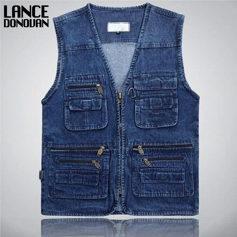 

Denim Blue Vests Men Plus size XL-3XL 4XL 5XL 95% Cotton Multi Pocket Sleevless Jean Jacket Men Photography vest