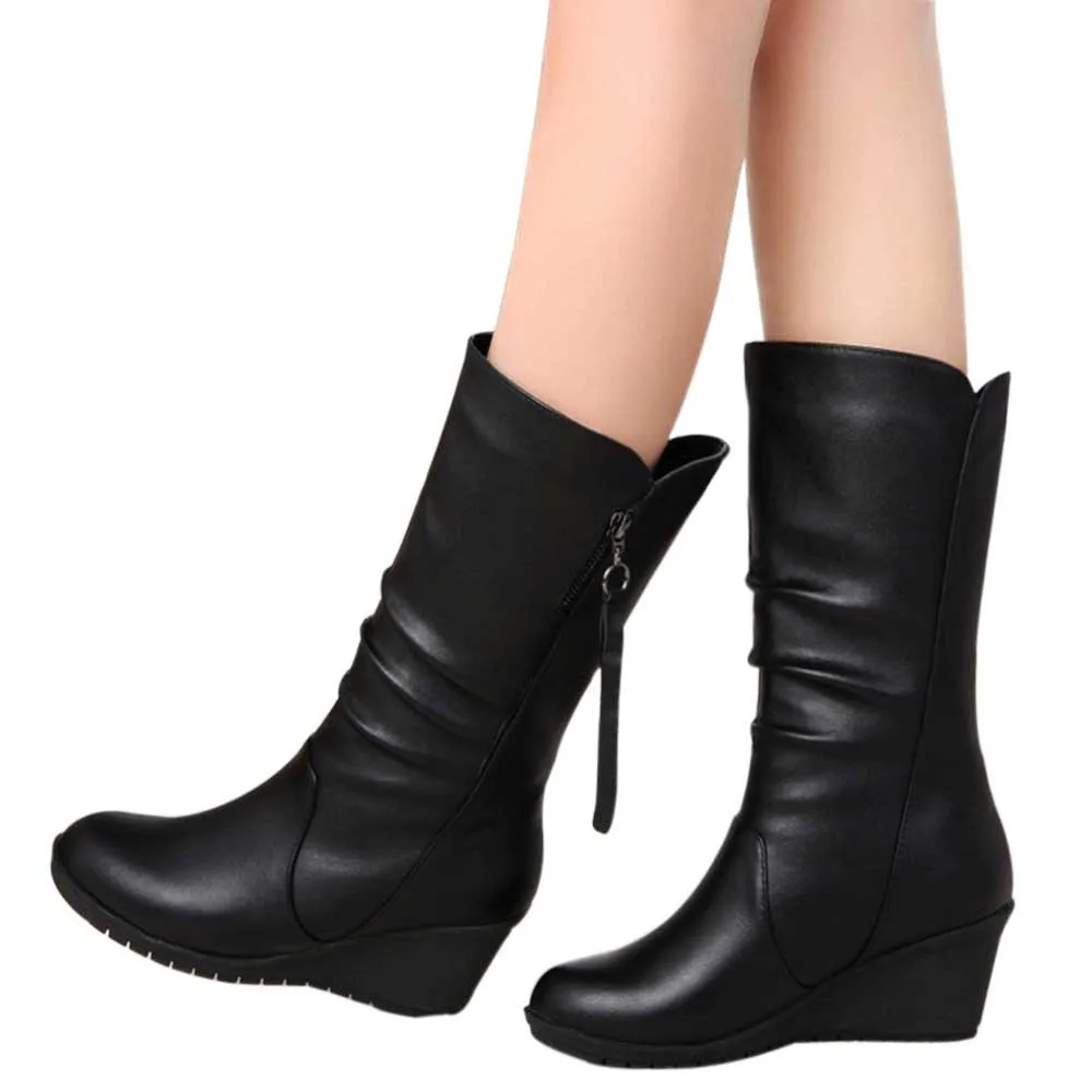

CAGACE 2018 New Fashion Women Boots Autumn Winter Warm Plush High heels Shoes Mid-calf Snow Martin Boot Pu Waterproof SIZE35-40