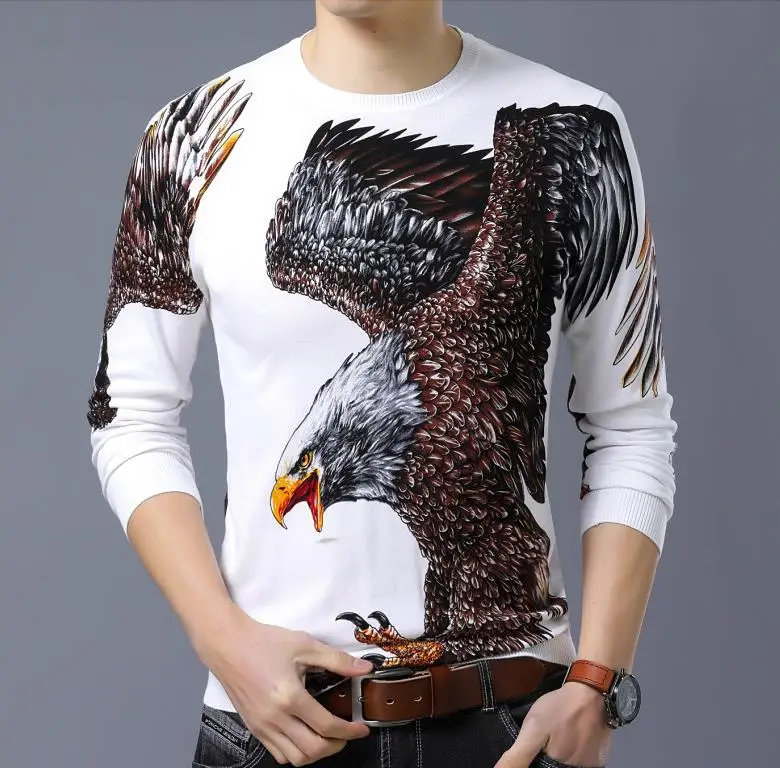 Bonjean осенний модный мужской пуловер свитера длинный рукав круглый вырез большой орел принт хлопок вязаный тонкий свитер рубашка